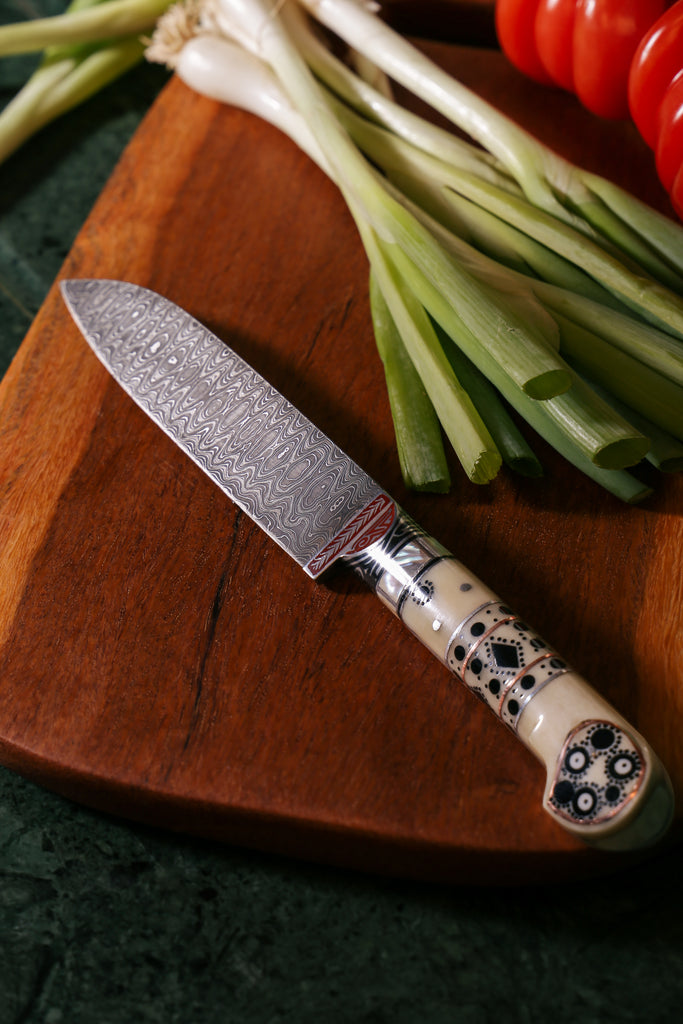 Damascus Handmade Uzbek Kitchen Knife – Dotted Ecru