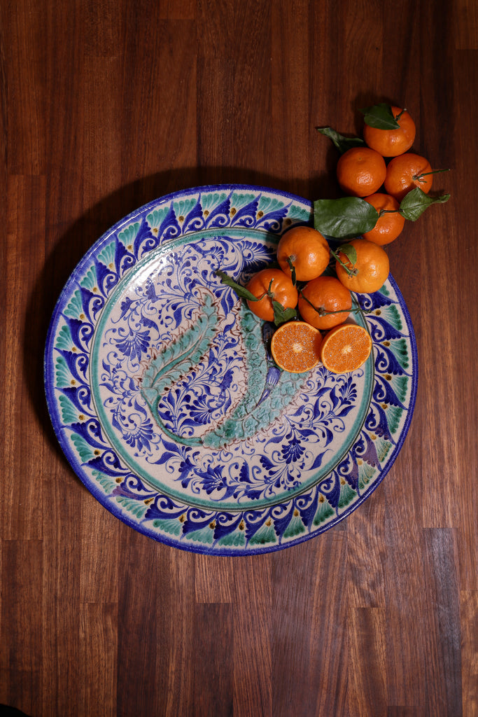 Large Turquoise Blue Handmade Uzbek Ceramic Fruit Bowl Almond