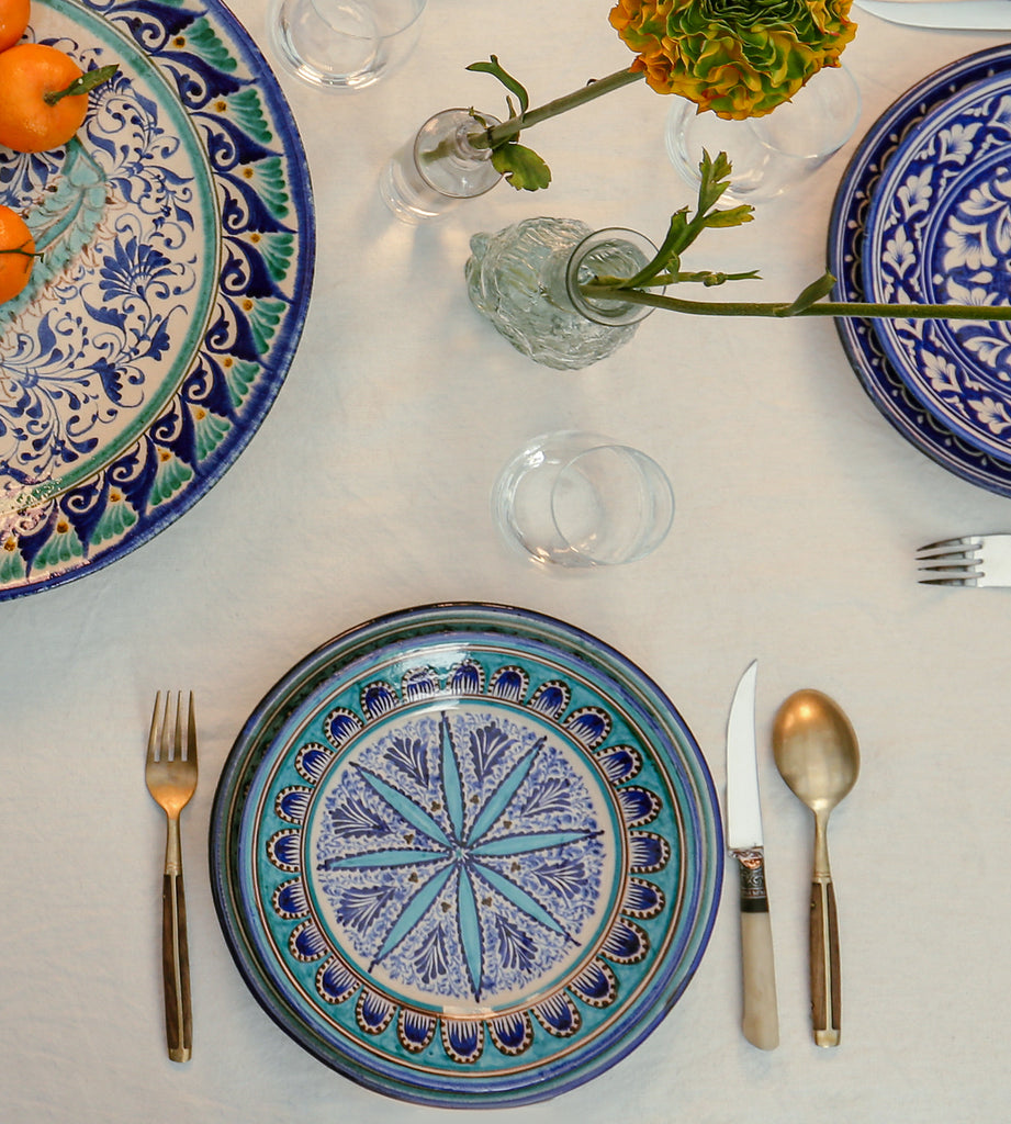Table setting with Bayali's Set of Four Uzbek Handmade Ceramic Dinner plates