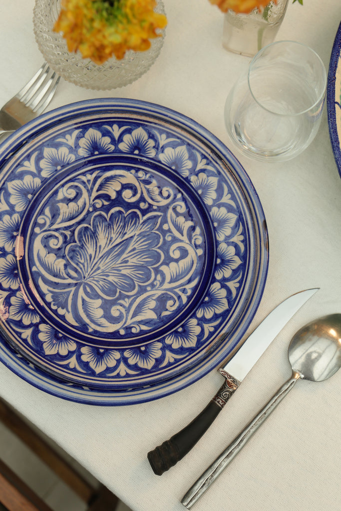 Set of Four Uzbek Handmade Ceramic Dinner plates close up