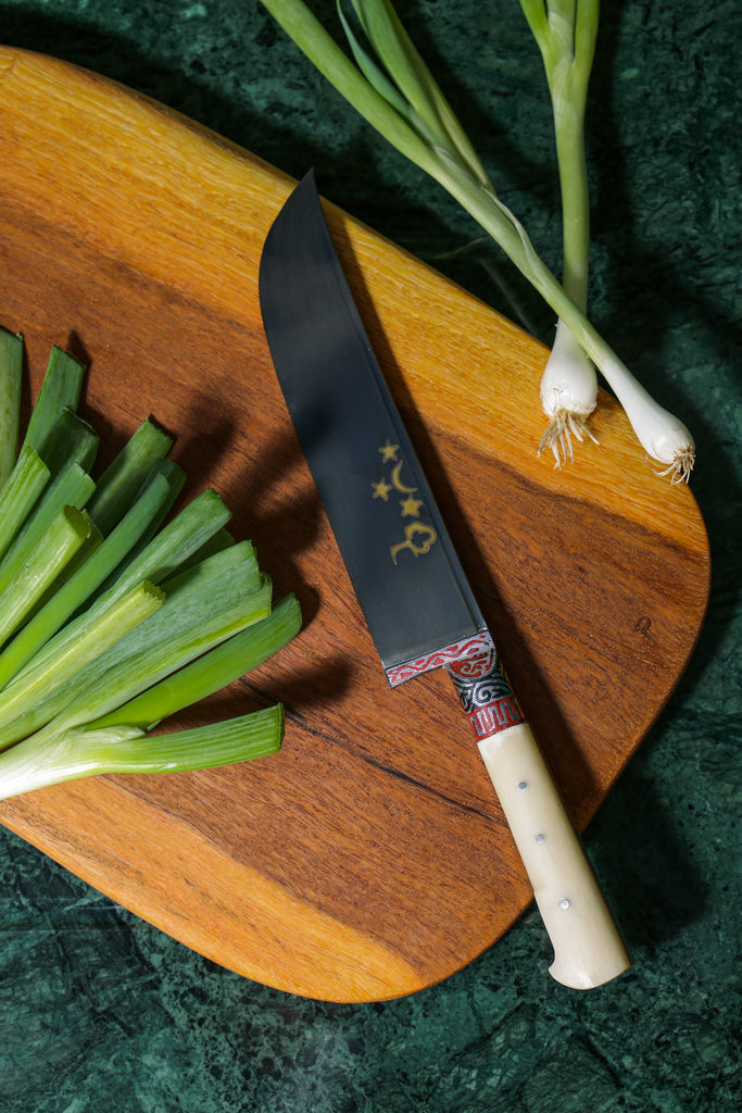 Chust Metal Kitchen Handmade Uzbek Knife on a Bayali chopping board