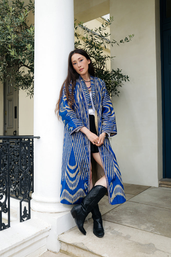 Woman wearing Mykonos Uzbek Kimono – Blue & Beige