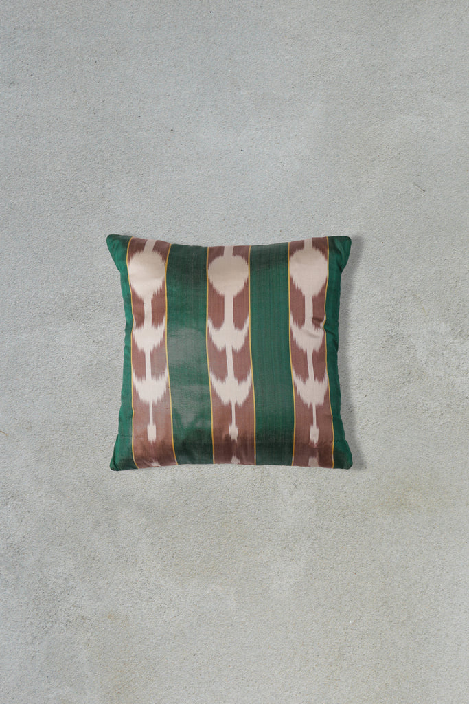 Emerald Green & Taupe stripped Handmade Uzbek Silk Ikat Cushion