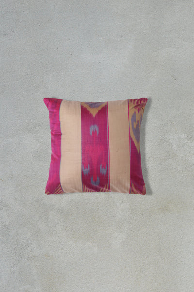 Stripped Fuchsia and Beige Handmade Uzbek Silk Ikat Cushion